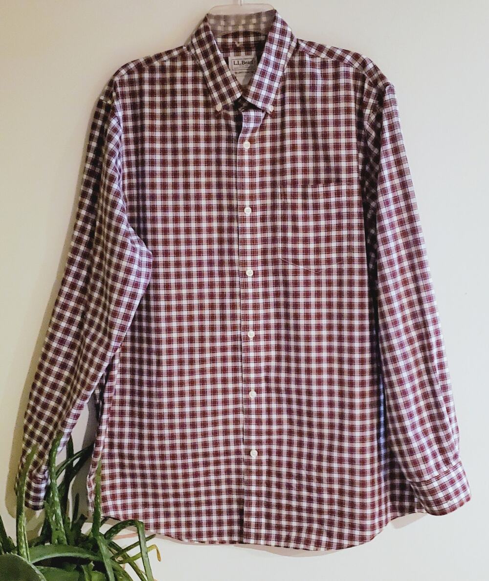 L.L. Bean Mens Red Plaid Button Down Cotton Oxford Shirt Size M Dad Preppy cabin